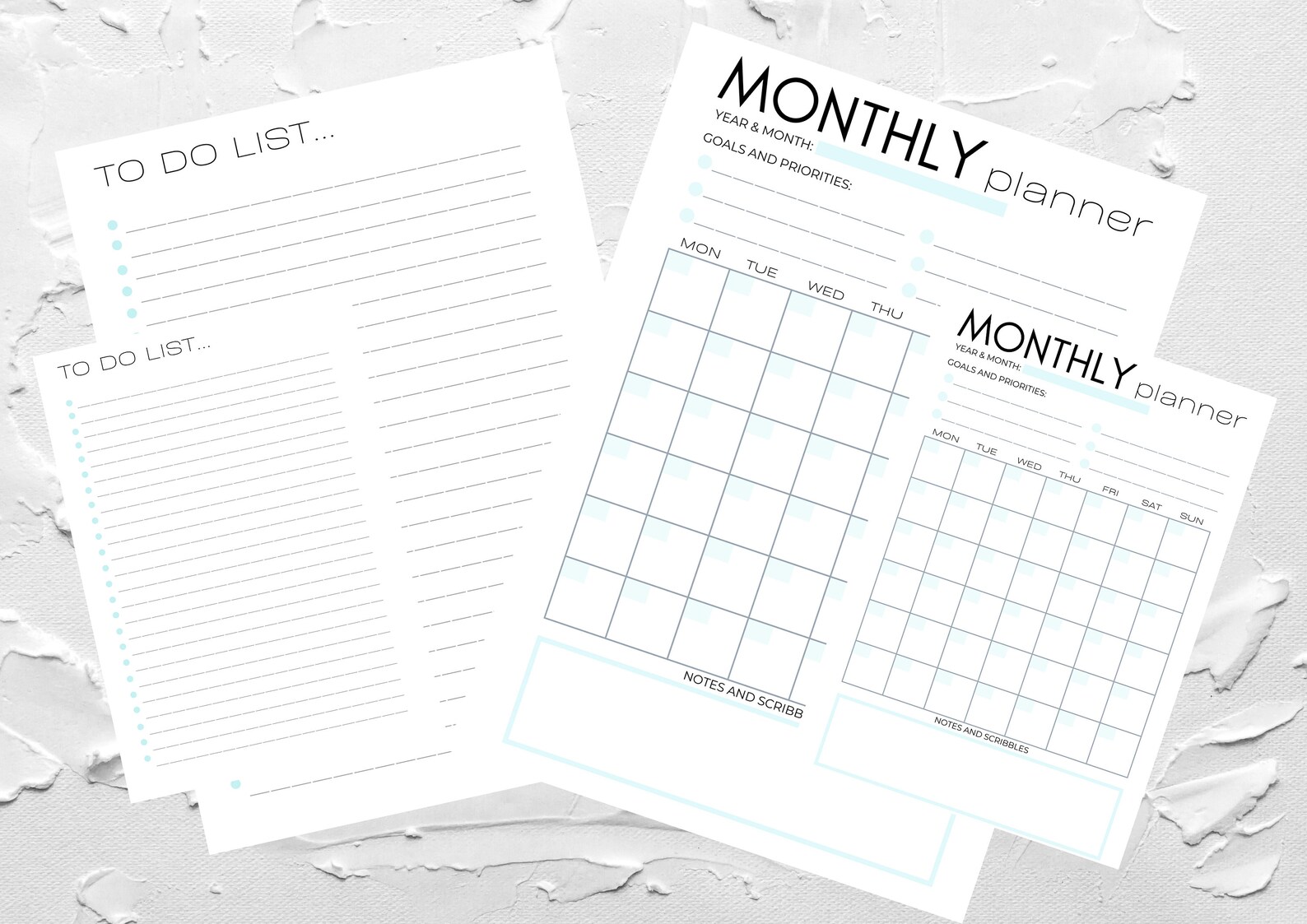 Simple white blue monthly planner and to do list printable in | Etsy