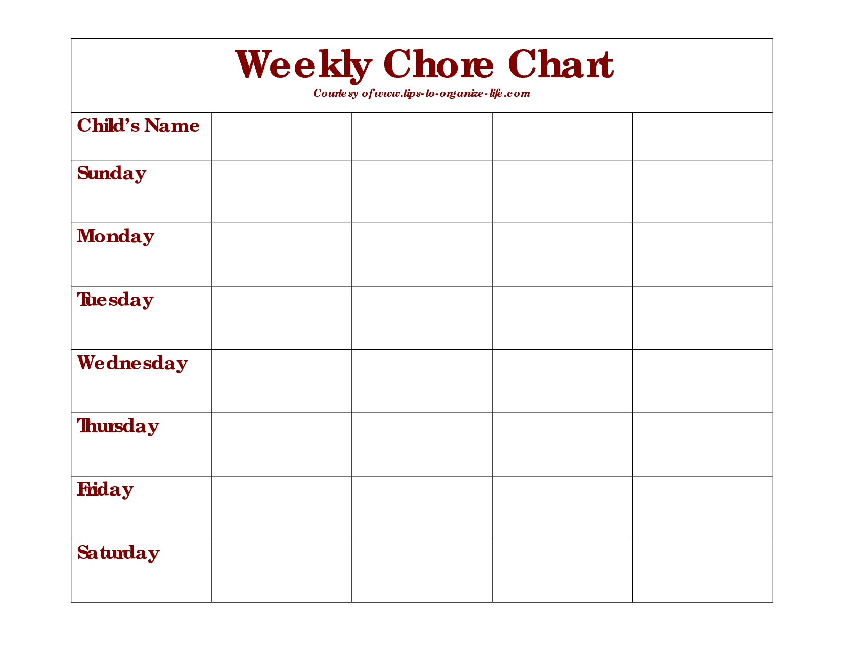 weekly chore chart | Daily chore charts, Chore chart template, Family