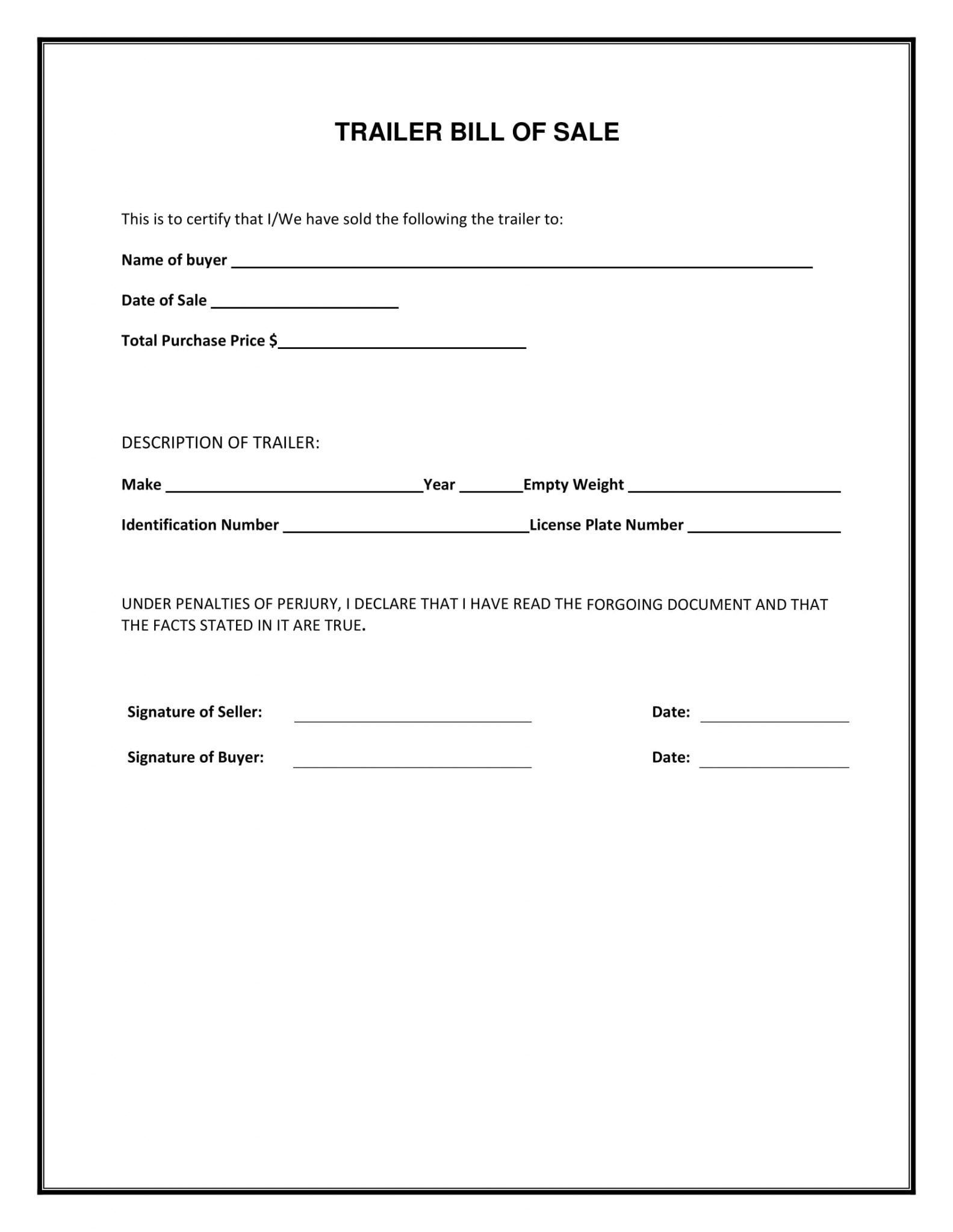 Free Florida Trailer Bill of Sale Template | Fillable Forms
