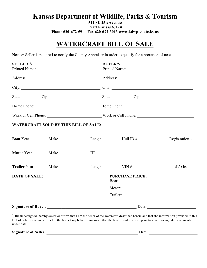 Free Kansas Watercraft or Boat Bill of Sale Form - Download PDF | Word