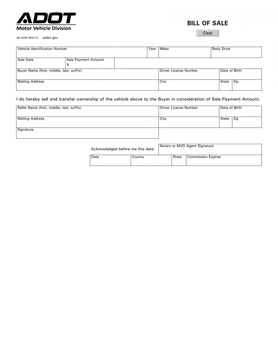 Free Arizona Car Bill of Sale Template | Fillable Forms