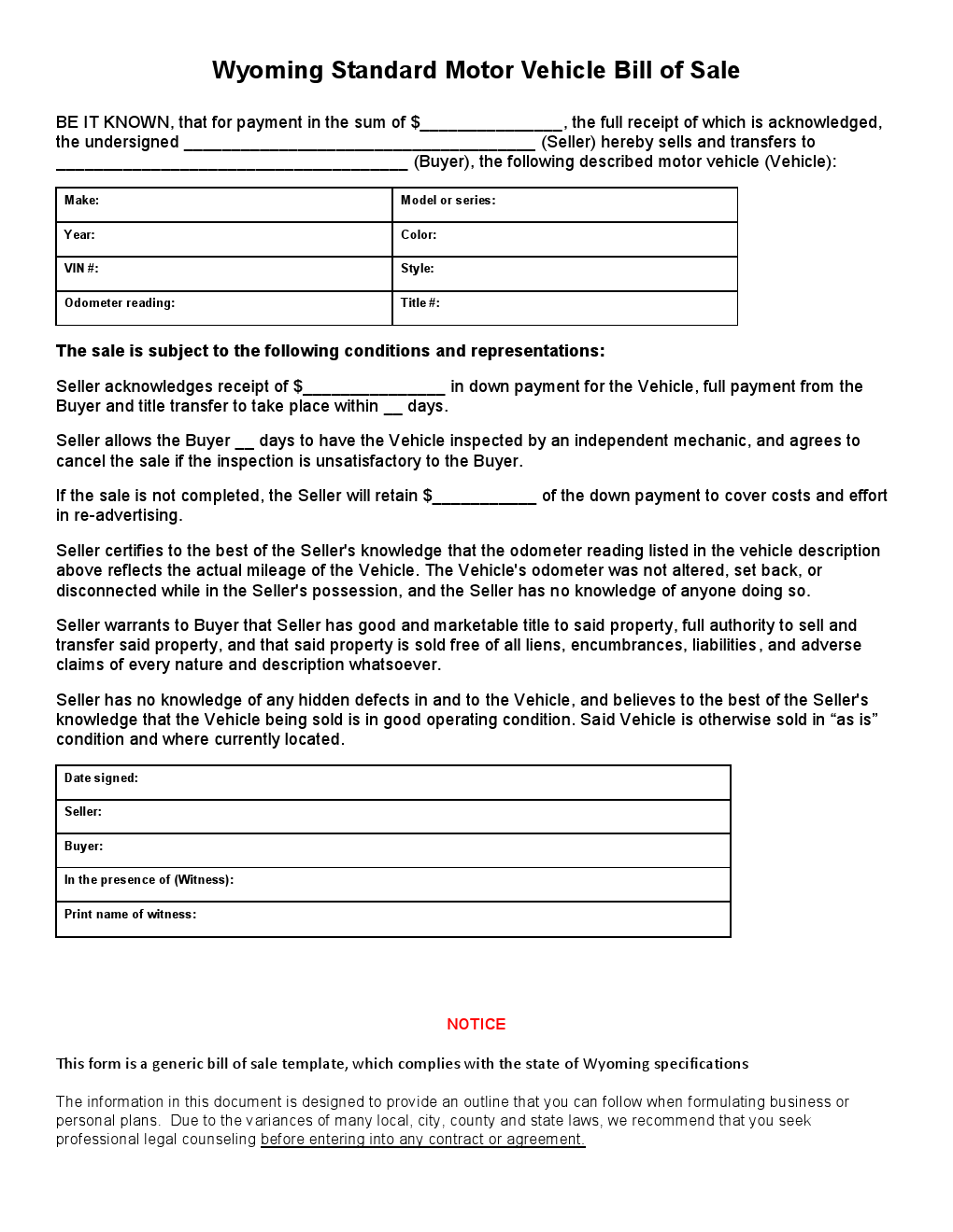 Free Wyoming Standard Motor Vehicle Bill of Sale Form - Download PDF | Word