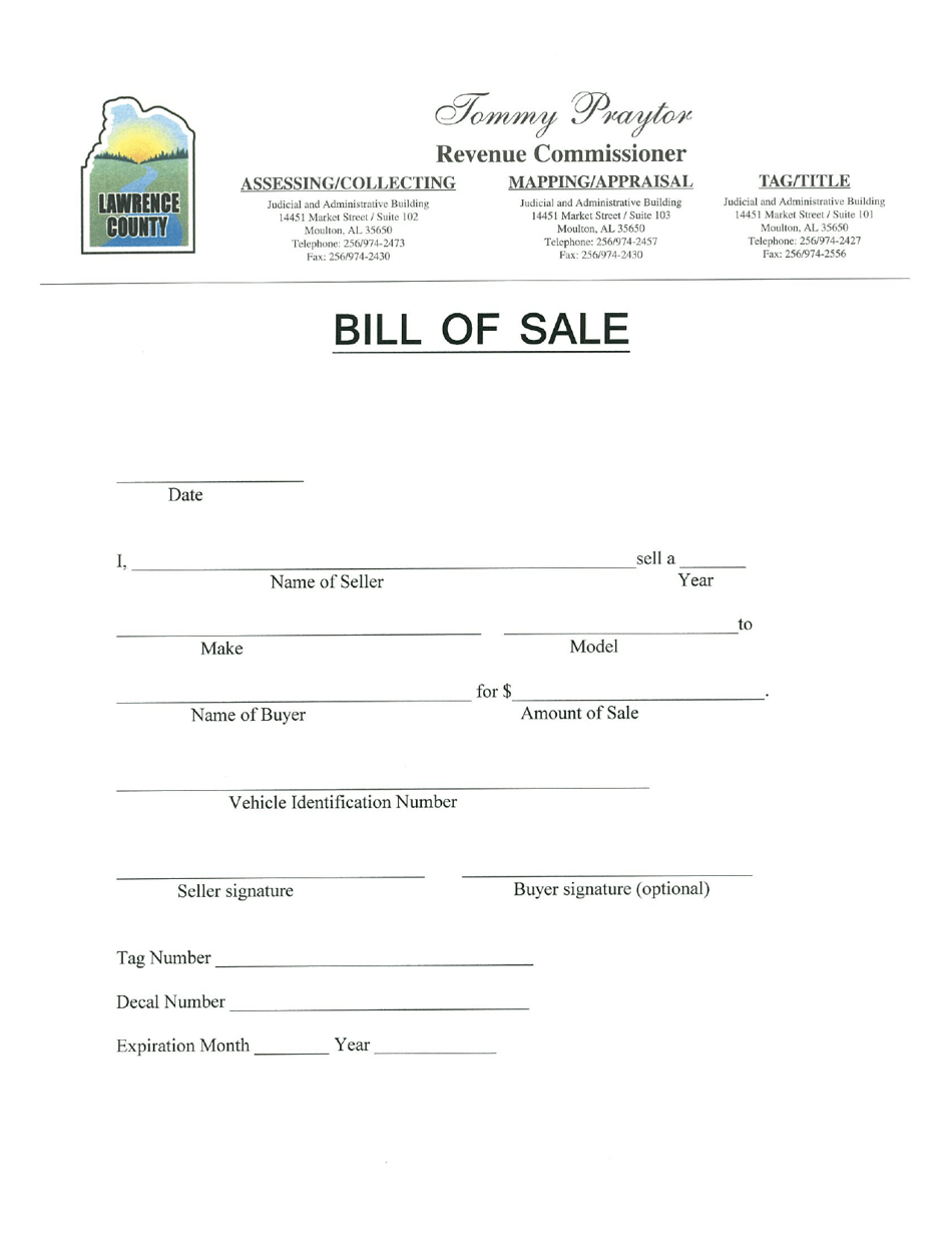 Lawrence County, Alabama Vehicle Bill of Sale Form Download Printable