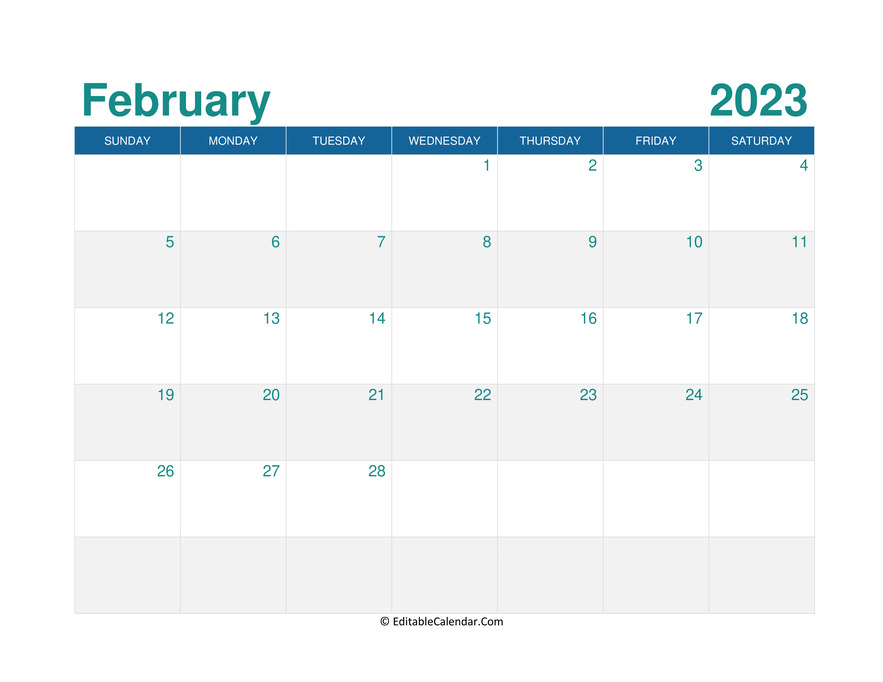 Download Printable Monthly Calendar February 2023 (Word Version)
