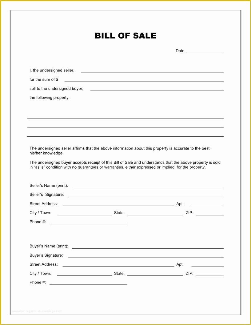 Bill Of Sale Free Template form Of Free Printable Blank Bill Of Sale