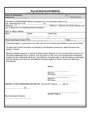 Bill Of Sale Form Oklahoma Vehicle Bill Of Sale Templates - Fillable