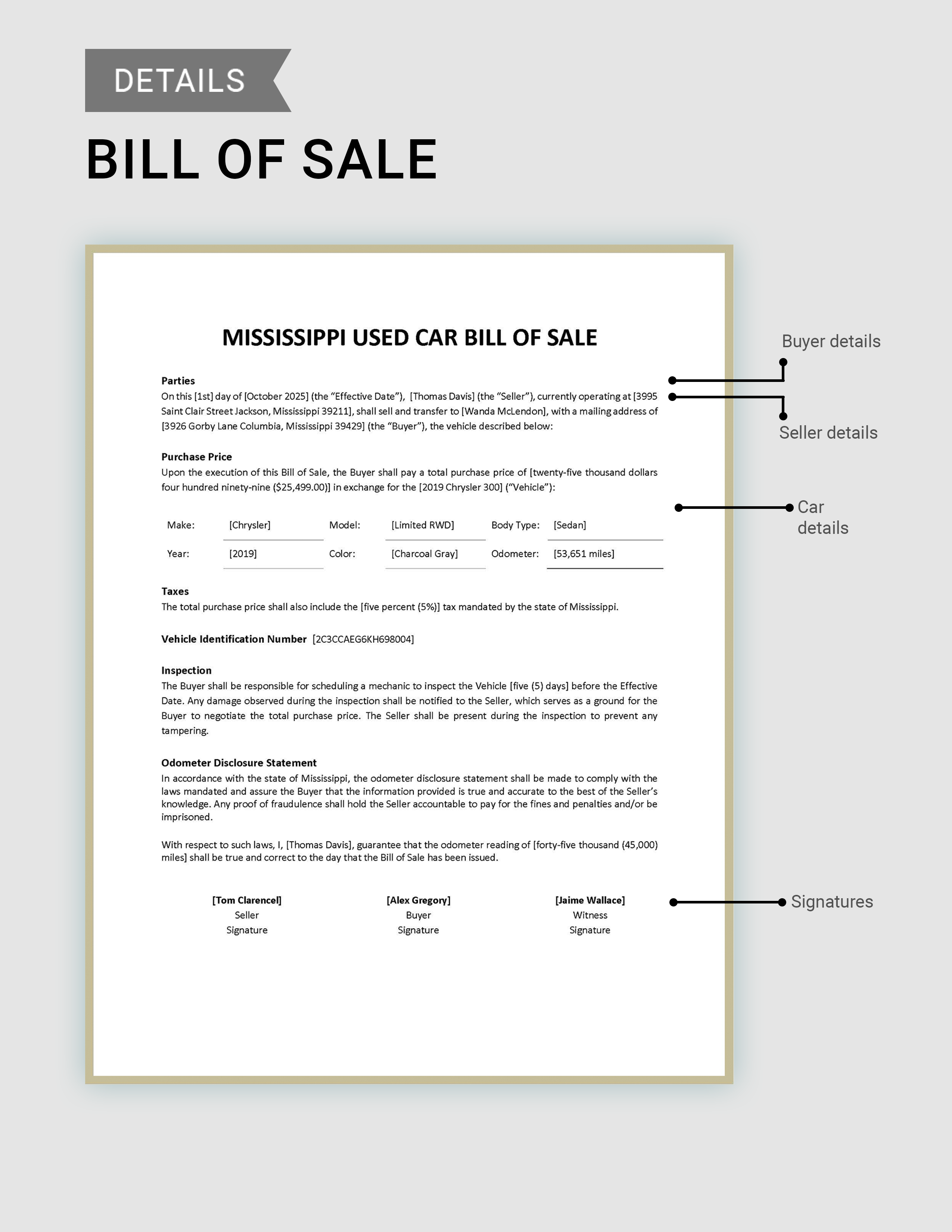 Free Mississippi Used Car Bill of Sale Form Template - Google Docs