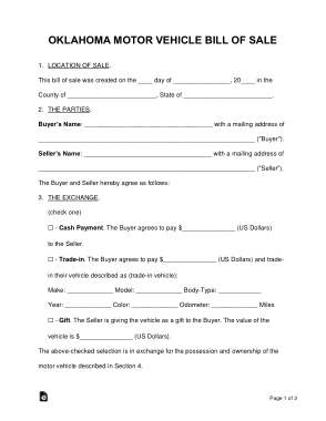 Oklahoma Motor Vehicle Bill of Sale Form Template Free Download | Free