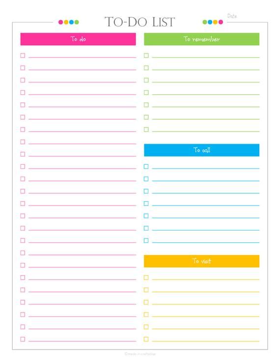 Daily To - do checklist with categories PDF Planner, (list, daily to