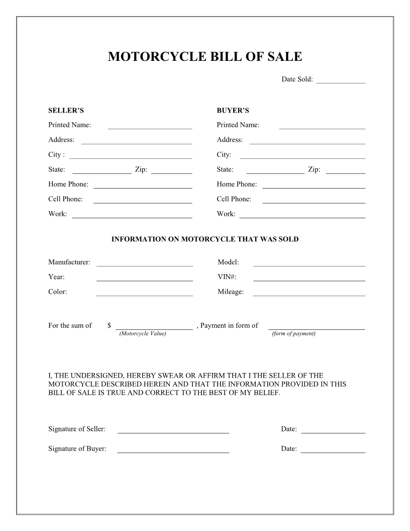 Free Motorcycle Bill of Sale Form - Download PDF | Word