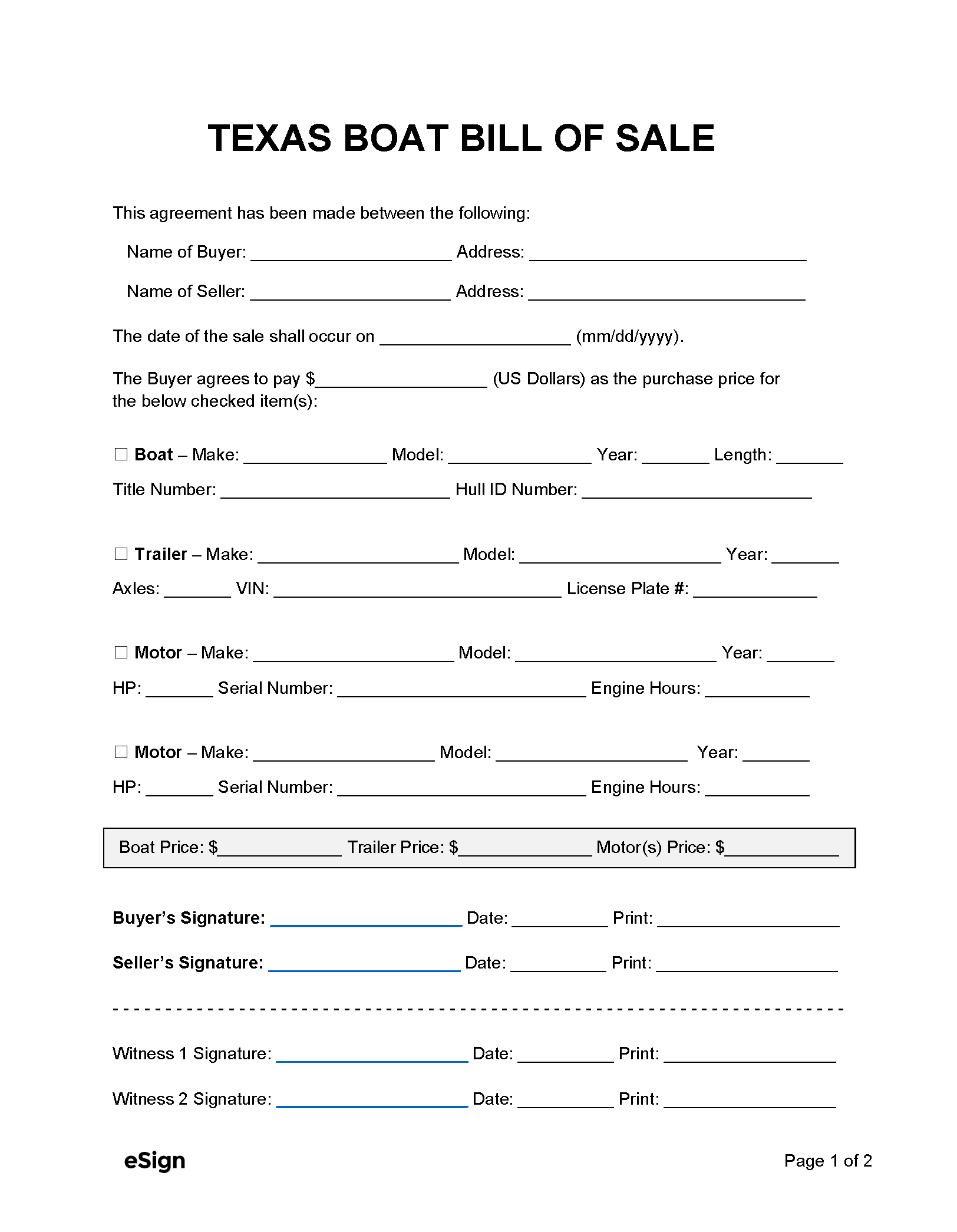 Free Texas Boat Bill of Sale Form - PDF | Word