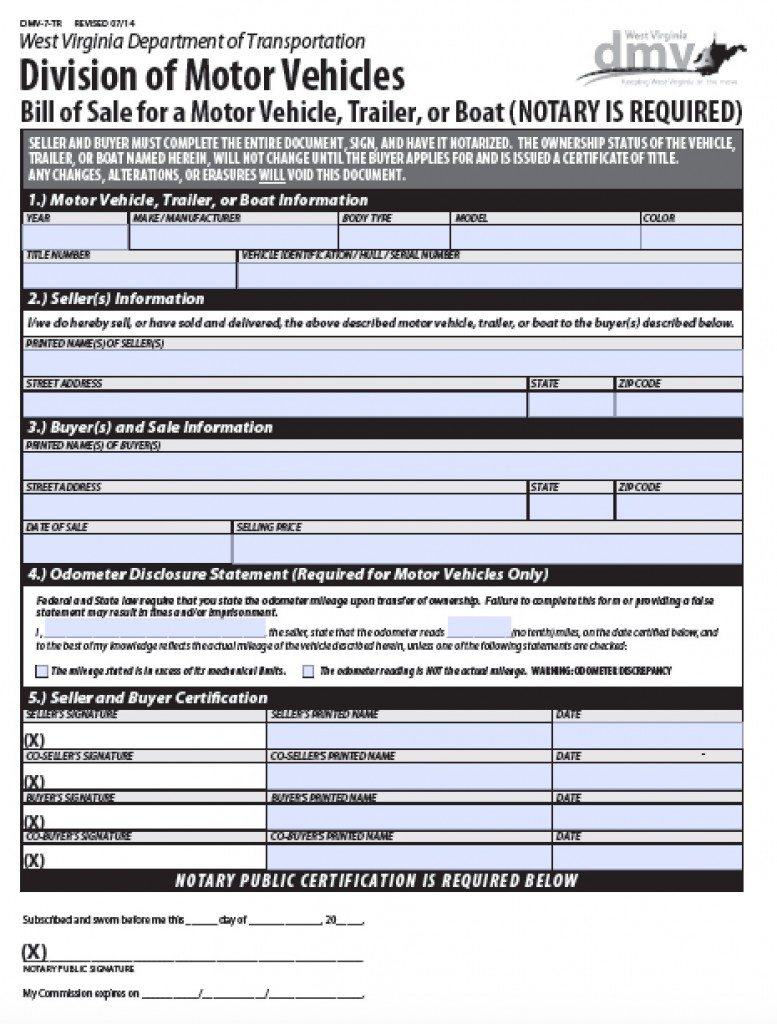 Free West Virginia Vehicle/Vessel/Trailer Bill of Sale | DMV-7-TR Form