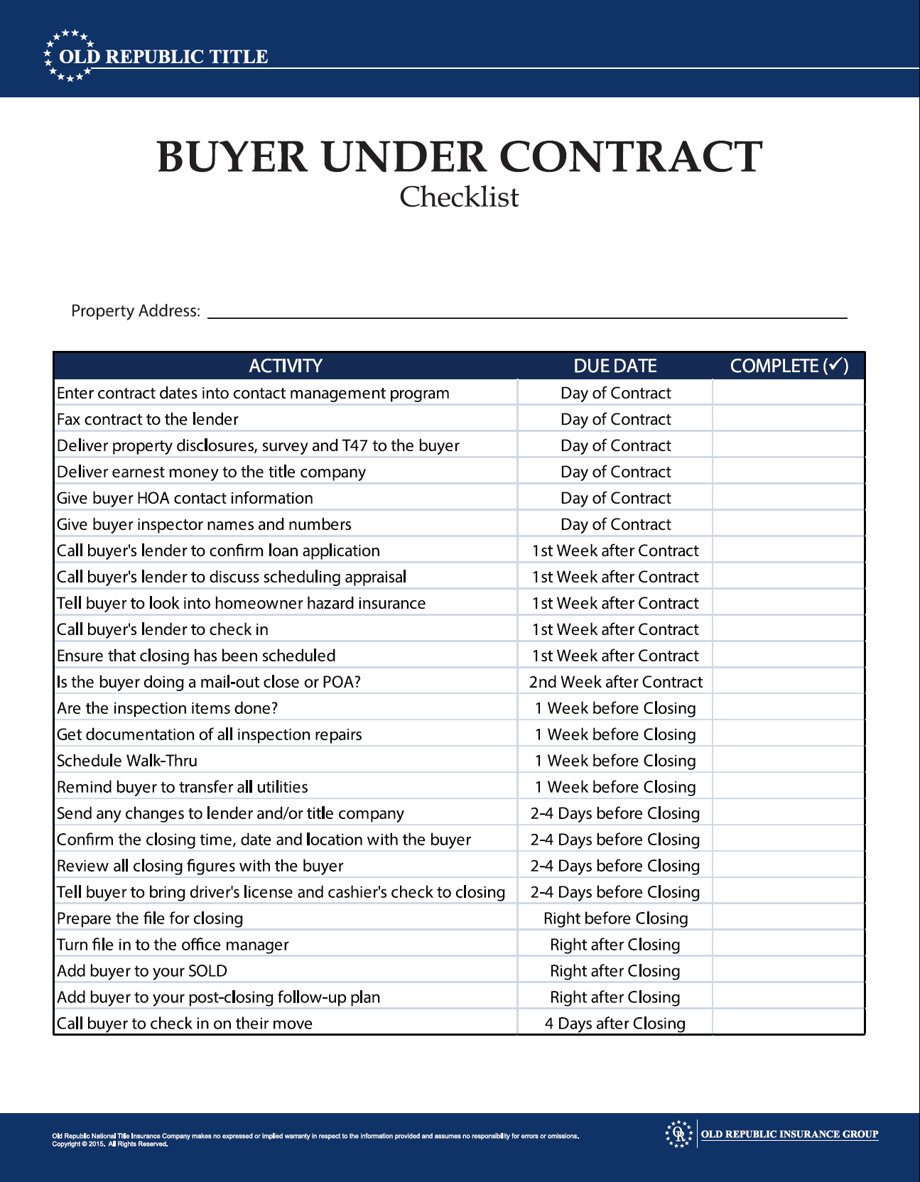 Buyer Under Contract Checklist