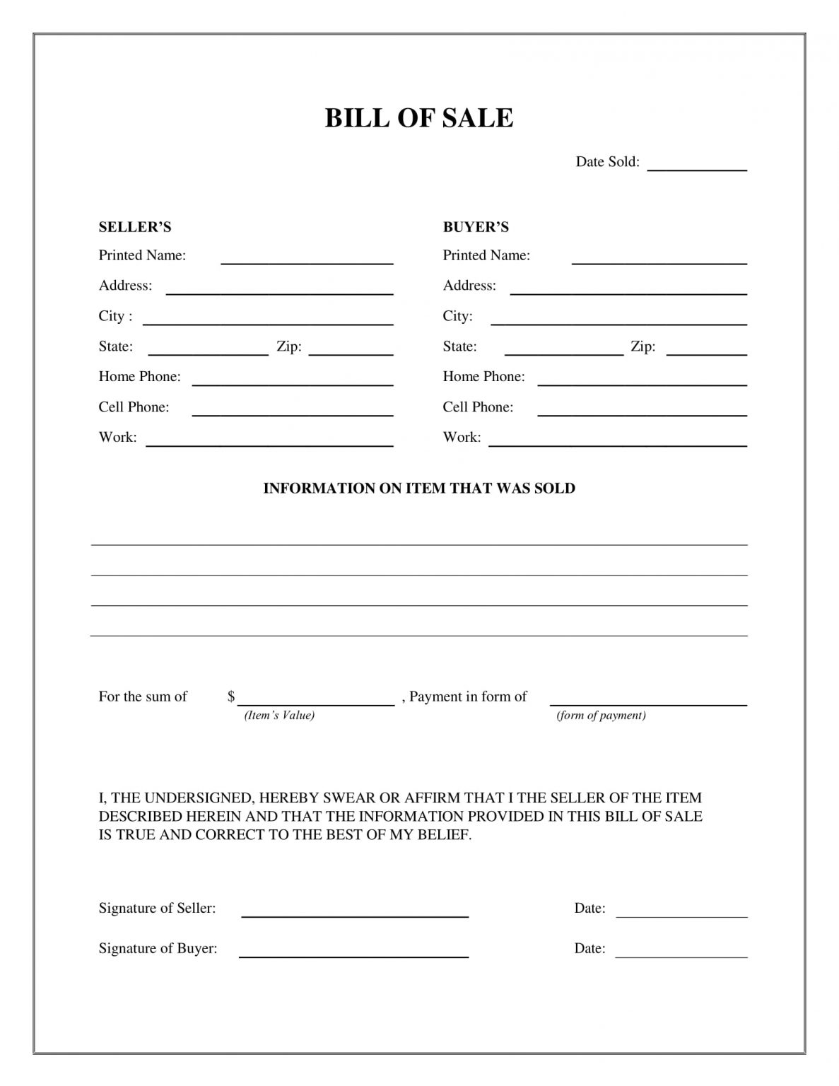 Free Fillable Bill of Sale Form