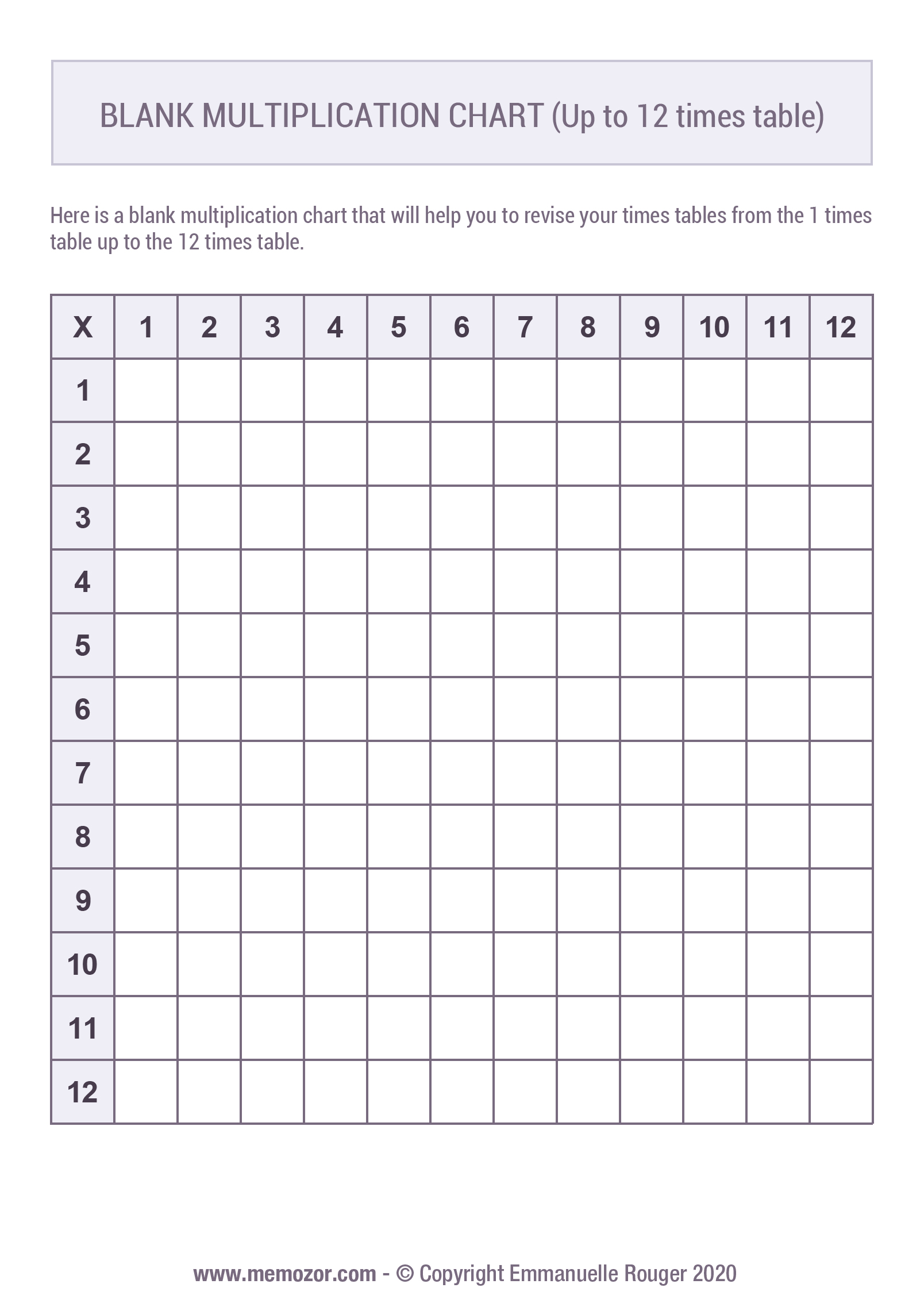 Printable Blank multiplication Chart (1-12) Free | Memozor