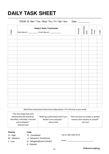 Daily Task Sheet Template Download Printable PDF | Templateroller