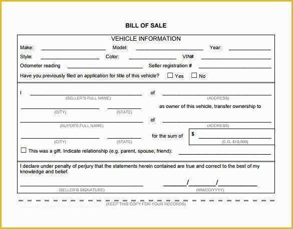 Printable Automobile Bill Of Sale Template