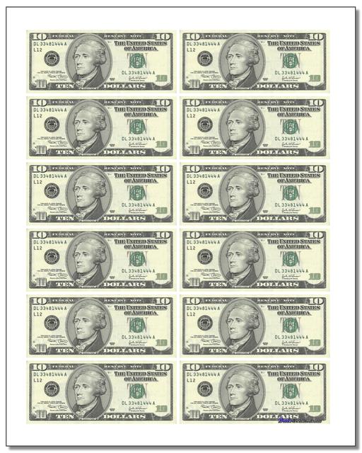 8 best printable phony money printableecom - ten dollar bill play money
