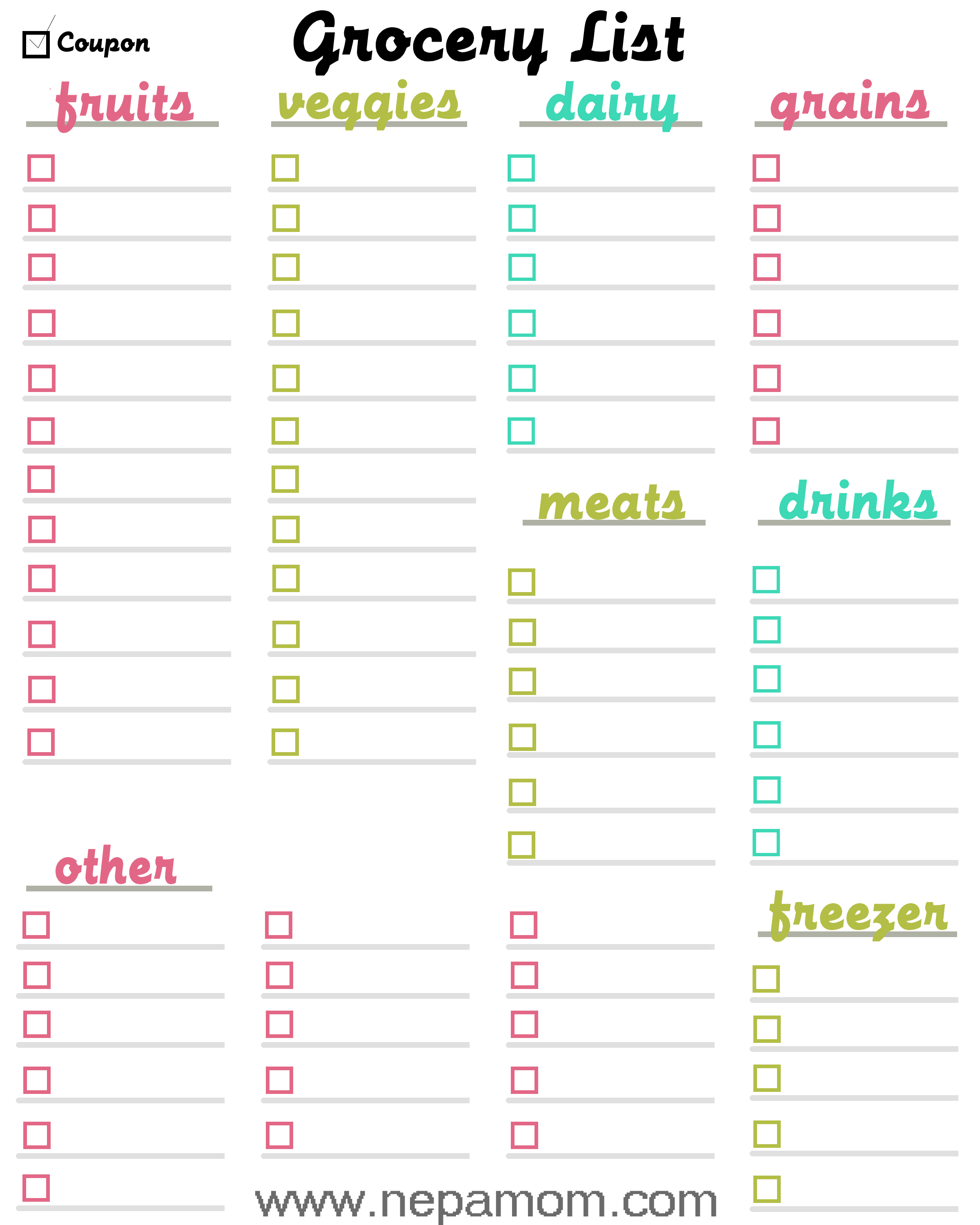 Grocery Shopping List Template--print this template out and save money