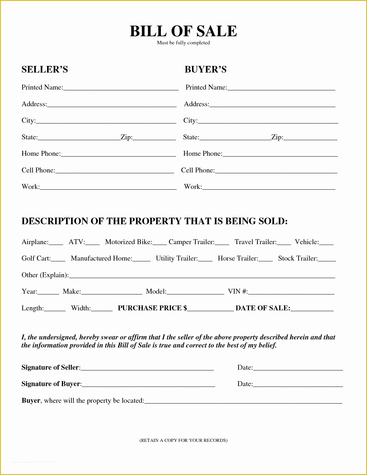 Bill Of Sale Free Template form Of Free Printable Equipment Bill Sale