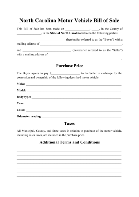 North Carolina Motor Vehicle Bill of Sale Form Download Printable PDF