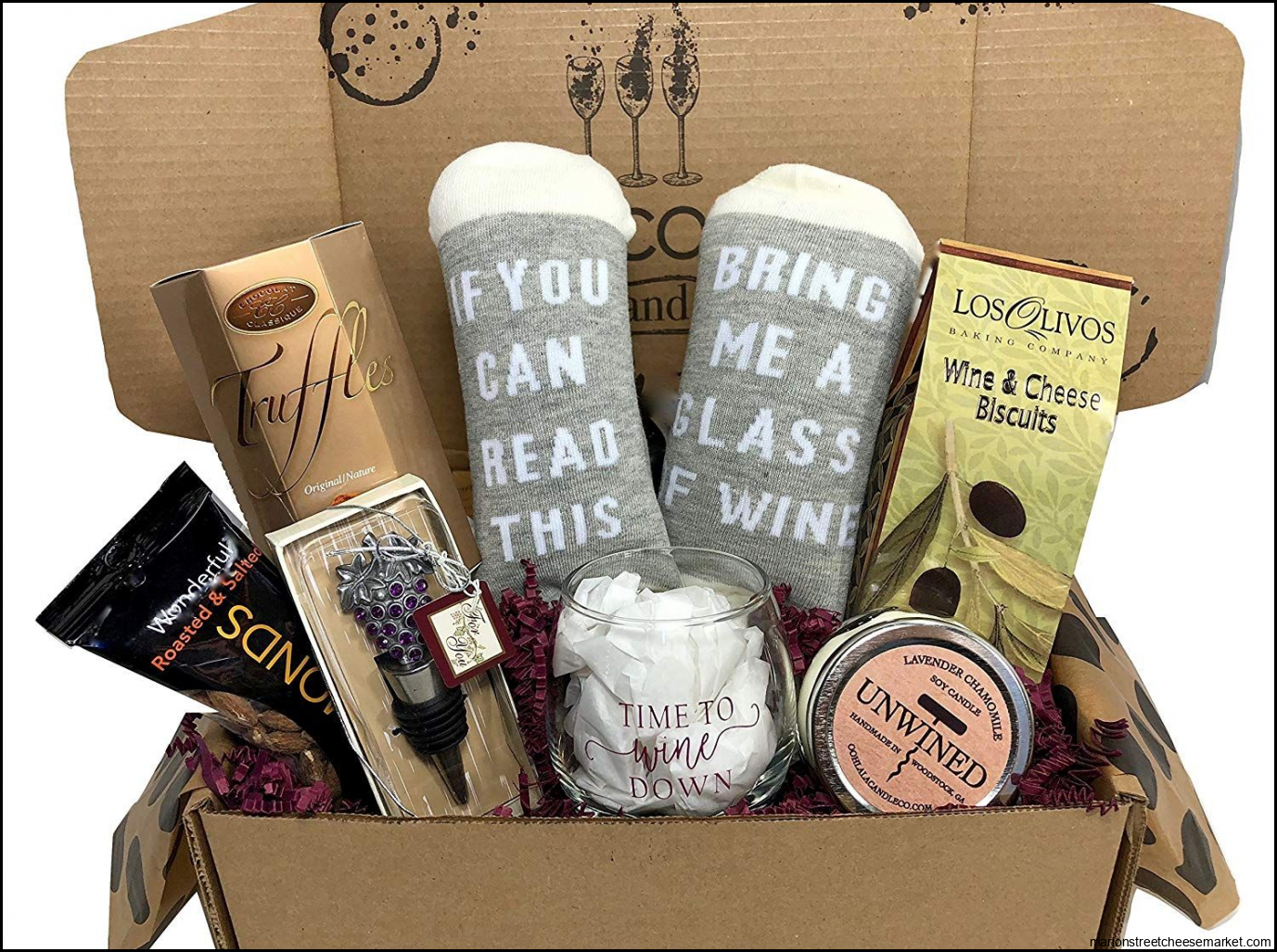 Wine Lovers Perfect Gift Basket Box with Bring Me Some Wine Socks and ...